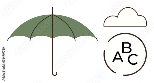 Green umbrella beside a cloud outline and ABC text inscribed in a circular line. Ideal for learning, protection, weather, safety, education, simplicity, design themes. Modern flat metaphor