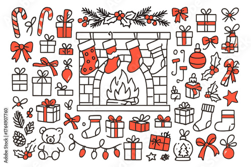 Festive Christmas Stockings. Christmas stockings. Hand-drawn doodle illustration Christmas stockings (colored), fireplace (colored), mantel (colored), candy