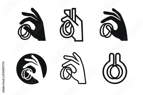 Cord Logo Variations. Cord untangling hack. Set Logo of Cord untangling hack: two-finger loop technique. harmonious logo variations of the same emblematic