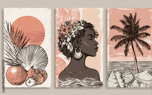 따뜻한 색감과 섬세한 묘사가 돋보이는 추상적인 벡터 일러스트레이션은 아름다운 여성과 자연을 담아낸 예술 작품입니다.