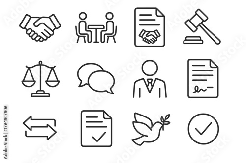 Dispute Resolution Icons. Dispute Resolution. Line icon set of Dispute Resolution: handshake, mediation table, agreement file, arbitration gavel, scale,