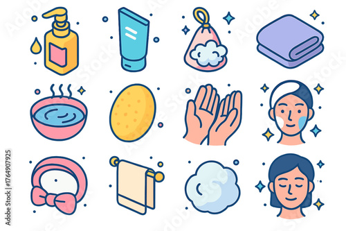 Face Cleansing Icons. Face cleansing essentials. Colorful isometric vector icons set of Face cleansing essentials: cleansing oil, gel cleanser, foaming net,