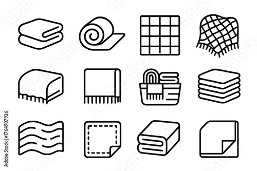 Blanket Icon Set. Blankets. Line icon set of Blankets: folded blanket, rolled blanket, plaid pattern, knitted throw, fleece fabric, tassel edge, basket with