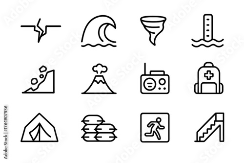 Natural Disaster Icons. Natural Disaster Response. Line icon set of Natural Disaster Response: earthquake crack, tsunami wave, tornado funnel, flood level