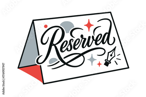 Calligraphy Reserve Card. Calligraphy Place Card. Swirling strokes spell ?Reserved? across a folded card, ink lines flicking like comet tails. A tiny pen nib