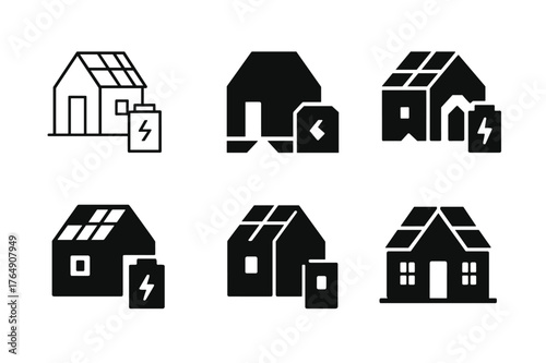 Off-Grid Logo Variations. Off-grid living solutions. Set Logo of Off-grid living solutions: a cabin with rooftop solar panels and battery bank. harmonious logo
