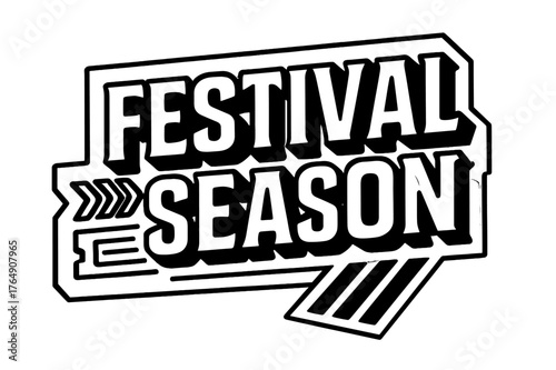 Festival Season Design. Festival Season ? bold block geometric lettering; thick massy letters with geometric serifs, heavy outer outline, strong cast shadow;