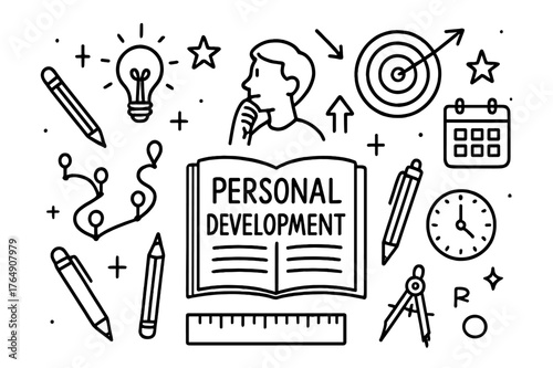 Personal Development Doodles. Personal Development. Hand-drawn doodle illustration Personal Development notebook, roadmap, person thinking, pen, pencil,