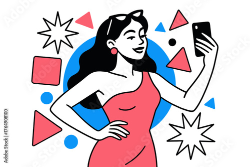 Glam Selfie Moment. Celebrity Influencer. Person taking a selfie with camera flashes and floating abstract geometric shapes, glamorous and stylish moment.