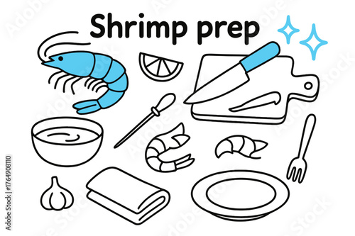 Shrimp Prep Doodles. // Shrimp prep. Hand-drawn doodle illustration Shrimp prep [shrimp (accented), knife (accented), cutting board, lemon wedge (accented),