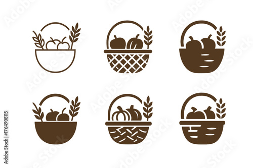 Festival Logo Variations. Traditional festivals. Set Logo of Traditional festivals: a harvest basket filled with fruits and grains. harmonious logo variations