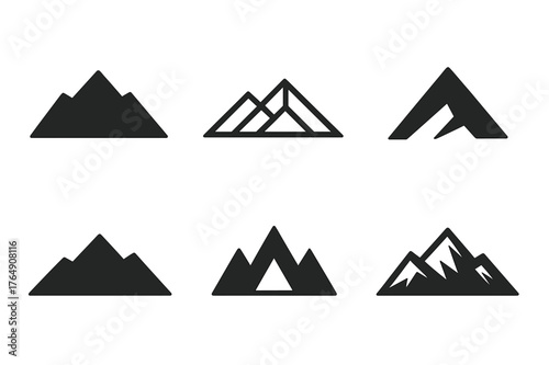 Geometric Mountain Logos. Eurasia. Set Logo of Mountain Range: Filled silhouette, Abstract geometric, Negative space, Flat solid, Symmetrical form, Stylized