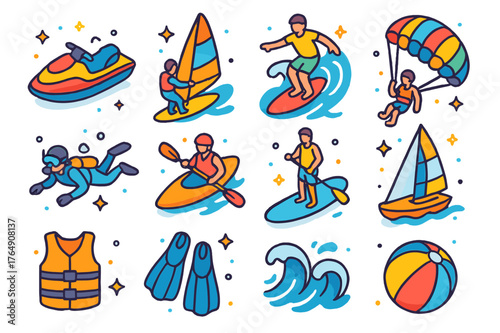Extreme Water Sports Icons. Extreme water sports. Colorful isometric vector icons set of extreme water sports: jet ski, windsurfing, surfing, parasailing,