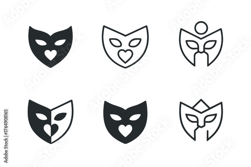 Diverse Logo Concepts. Brand storytelling. Set Logo of Brand storytelling: Brand archetype emblem (hero / caregiver mask). harmonious logo variations of the