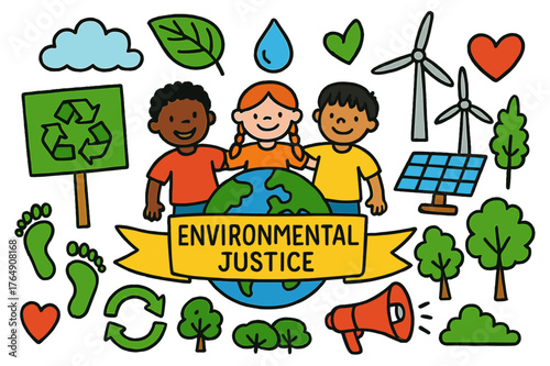 Environmental Justice Icons. Environmental justice. Colorful Hand-drawn doodle Children illustration Environmental justice green earth, recycle arrows, protest