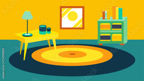 A bright yellow rug sits underneath a round glass coffee table adorned with a lava lamp and a stack of vinyl records.