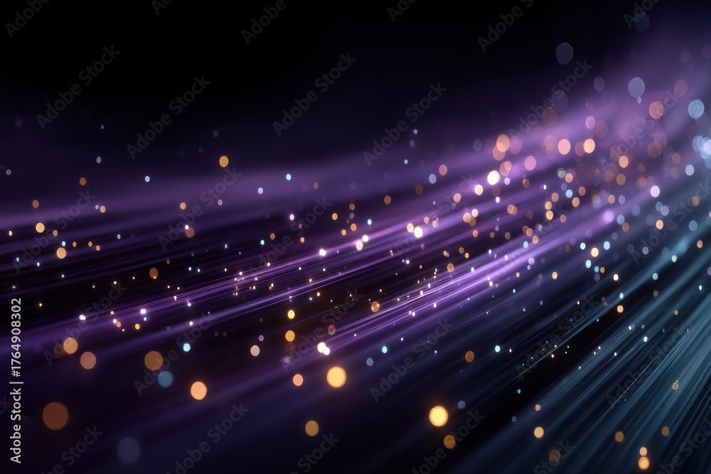 Fototapeta premium Abstract purple light trails with glowing dots on a dark background