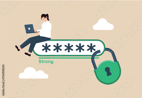 Flat illustration of woman using strong password security with locked padlock