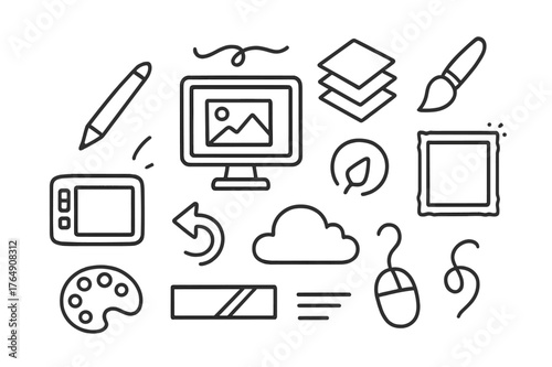 Digital Art Tools. Digital painting. Hand-drawn doodle illustration digital painting tablet, stylus, monitor, layers icon, color picker, brush icon, undo