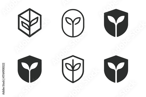 Rainforest Conservation Logos. Rainforest conservation. Set Logo of Rainforest conservation: shield with sprouting tree. harmonious logo variations of the same