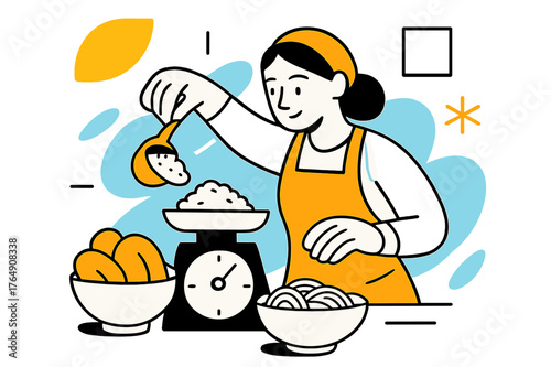 Measuring Food Portions. Rationing Food. Person measuring portions of food with floating abstract geometric shapes and soft light accents, careful