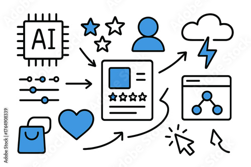 AI Doodle Elements. // AI recommendation engine. Hand-drawn doodle illustration AI recommendation engine [AI chip (accented), star icons (accented), product
