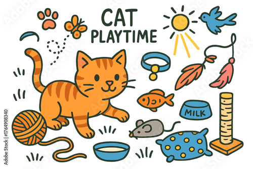 Cat Playtime Illustration. cat playtime. Colorful Hand-drawn doodle Children illustration cat playtime yarn ball, paws, whiskers, tail, ears, mouse toy, fish,