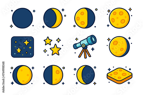 Lunar Phase Icons. Lunar observation. Colorful isometric vector icons set of lunar observation: new moon, waxing crescent, first quarter, waxing gibbous, full