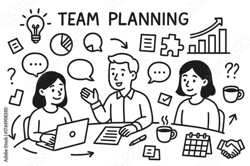 Doodle Team Planning. Team Planning. Hand-drawn doodle illustration Team Planning people discussing, laptop, notebook, pen, charts, graphs, coffee cup, speech