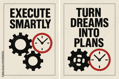 Bold Brutalist Banners. Execute smartly. Two vertical A6 banners with safe margins, centered composition, no elements touching edges, brutalist, black and red,