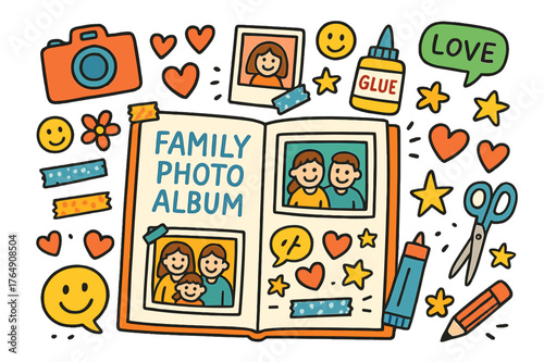 Family Photo Scrapbook. Family photo album. Colorful Hand-drawn doodle Children illustration Family photo album scrapbook, stickers, camera, hearts, Polaroid