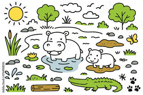 Colorful River Hippos. River hippos. Hand-drawn doodle illustration hippopotamus (colored), baby hippo (colored), water pond (colored), riverbank (colored),