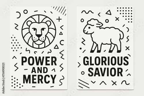 Lion and Lamb Banners. Lion and Lamb. Two vertical A6 banners with safe margins, centered composition, no elements touching edges, memphis, black and white,