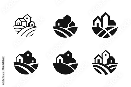 Rural Logos Grid. Rural travel and agritourism. Set Logo of Rural travel and agritourism: a farmhouse with barn nestled in rolling hills. harmonious logo