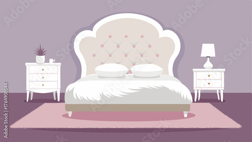 A cozy bedroom with a tufted white leather headboard a mirrored vanity table and a faux fur throw on a plush white rug.
