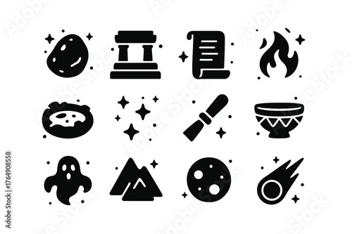 Ancient Meteorite Icons. Ancient meteorites and myths. Solid icons set of Ancient meteorites and myths: glowing stone, temple altar, ancient scroll, flame