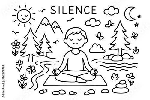 Tranquil Meditation Scene. Silence. Hand-drawn doodle illustration Silence person meditating, mountains, trees, clouds, river, sun, moon, birds, yoga mat,