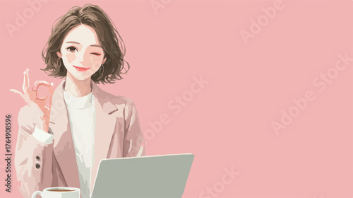 분홍색 배경에 노트북과 커피를 앞에 두고 미소 지으며 윙크하는 여성의 벡터 일러스트레이션입니다. 긍정적인 제스처를 취하고 있습니다.