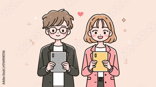 사랑스러운 두 남녀가 태블릿을 들고 미소짓는 모습이 담긴 벡터 일러스트레이션으로, 핑크색 배경에 하트가 돋보인다.