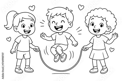 Jump Rope Happiness. Jump rope joy children?s coloring book illustration, outlined drawing, three happy kids playing jump rope together with motion lines and
