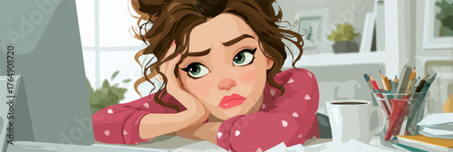 책상에 앉아 턱을 괴고 우울한 표정을 짓고 있는 젊은 여성의 일러스트는 피로함과 스트레스를 표현합니다.