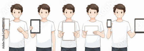 다양한 크기의 화면을 들고 있는 젊은 남성의 벡터 일러스트레이션은 정보 전달과 소통을 나타냅니다.