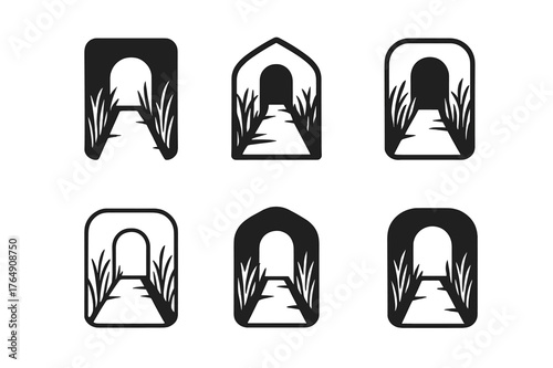 Whispering Corridor Logos. Whispering corridor. Set Logo of Whispering corridor: reed-lined walkway. harmonious logo variations of the same emblematic concept,
