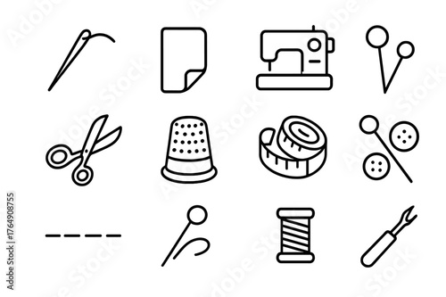 Clothing Stitching Icons. Clothing stitching. Line icon set of clothing stitching: needle, thread, fabric fold, sewing machine, scissors, thimble, measuring