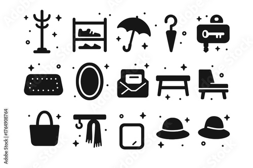 Homey Entryway Icons. Homey Entryway. Solid icons set of Homey Entryway: coat rack, shoe shelf, umbrella, key hook, doormat, mirror, mail tray, bench, tote