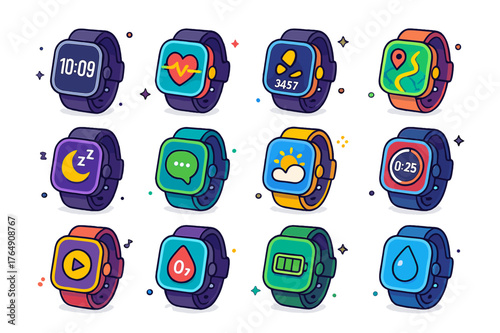 Smartwatch Feature Icons. Smartwatch features. Colorful isometric vector icons set of Smartwatch features: digital watch face, heart rate graph, step counter,