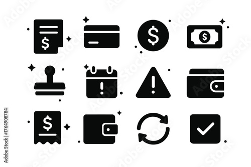 Payment Icons Collection. Payment and Bill Reminders. Solid icons set of Payment and Bill Reminders: invoice, credit card, dollar coin, banknote, due date