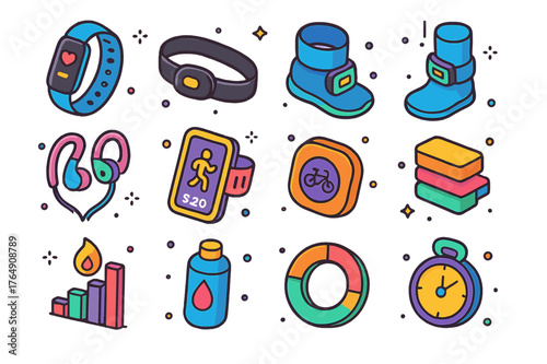 Colorful Fitness Icons. Fitness wearables. Colorful isometric vector icons set of Fitness wearables: fitness tracker, chest strap sensor, ankle tracker,