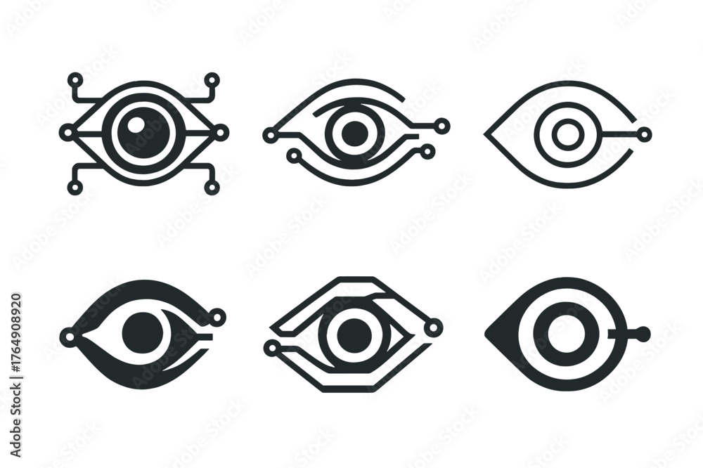Naklejka premium Cybernetic Eye Logos. Art in science fiction and speculative fiction. Set Logo of Art in science fiction and speculative fiction: Cybernetic eye. harmonious