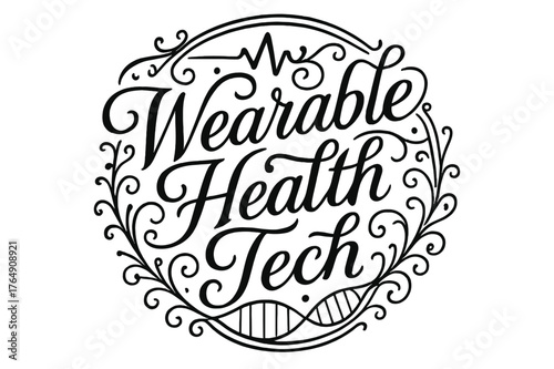 Wearable Tech Elegance. Wearable Health Tech ? flourished classic ornamental lettering; medium-weight strokes with elegant swashes and balanced curls; circular